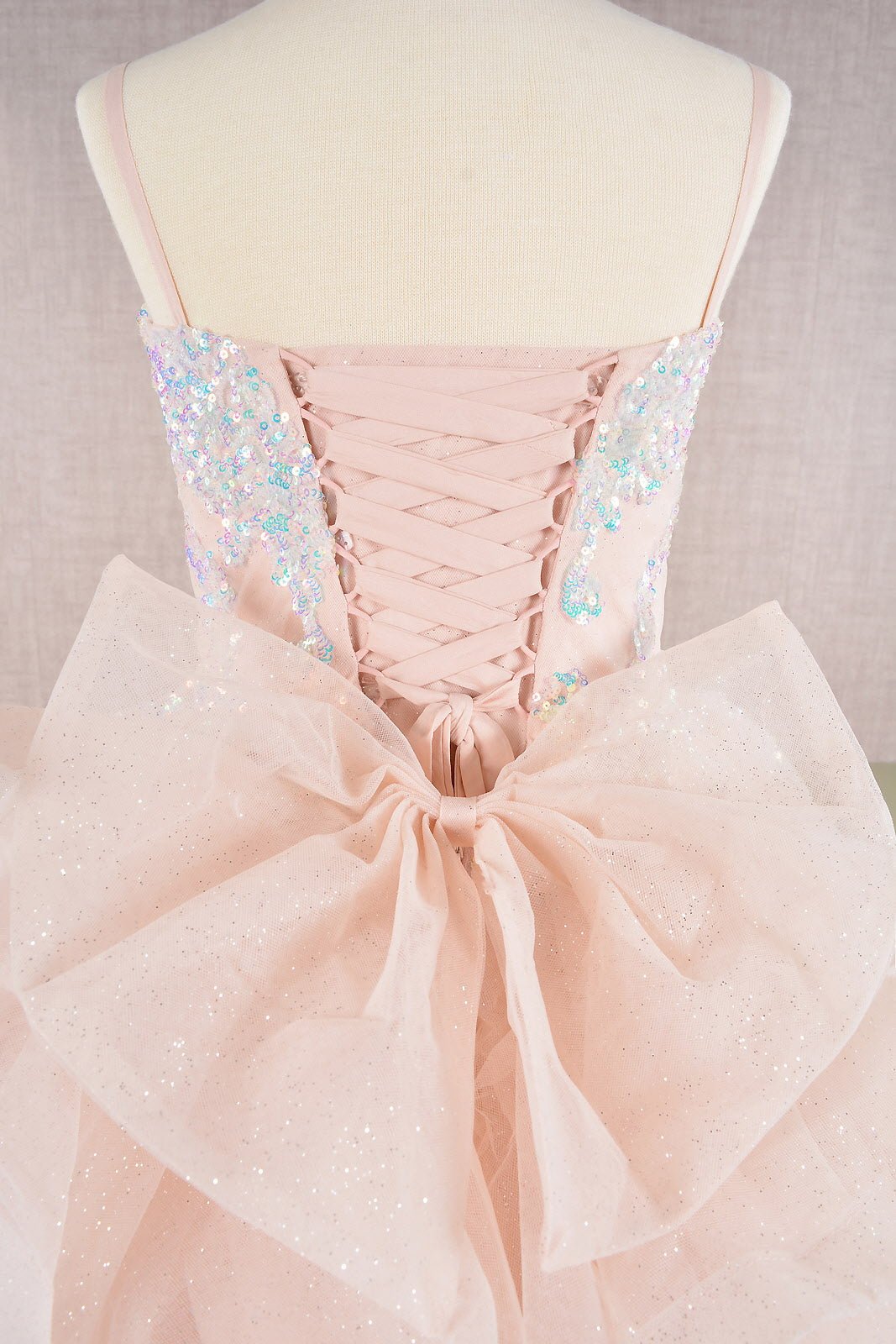 Spaghetti Strap Sequin Mesh with a Detachable Ribbon and Ruffled Back Skirt Quinceanera Kids Dress GLGK106 - PrimePick