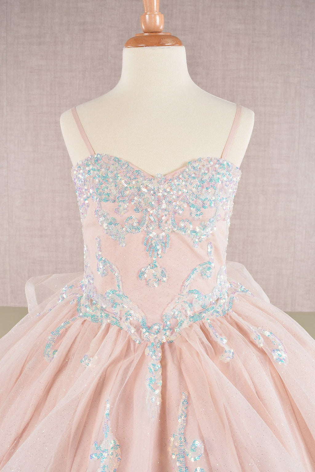Spaghetti Strap Sequin Mesh with a Detachable Ribbon and Ruffled Back Skirt Quinceanera Kids Dress GLGK106 - PrimePick
