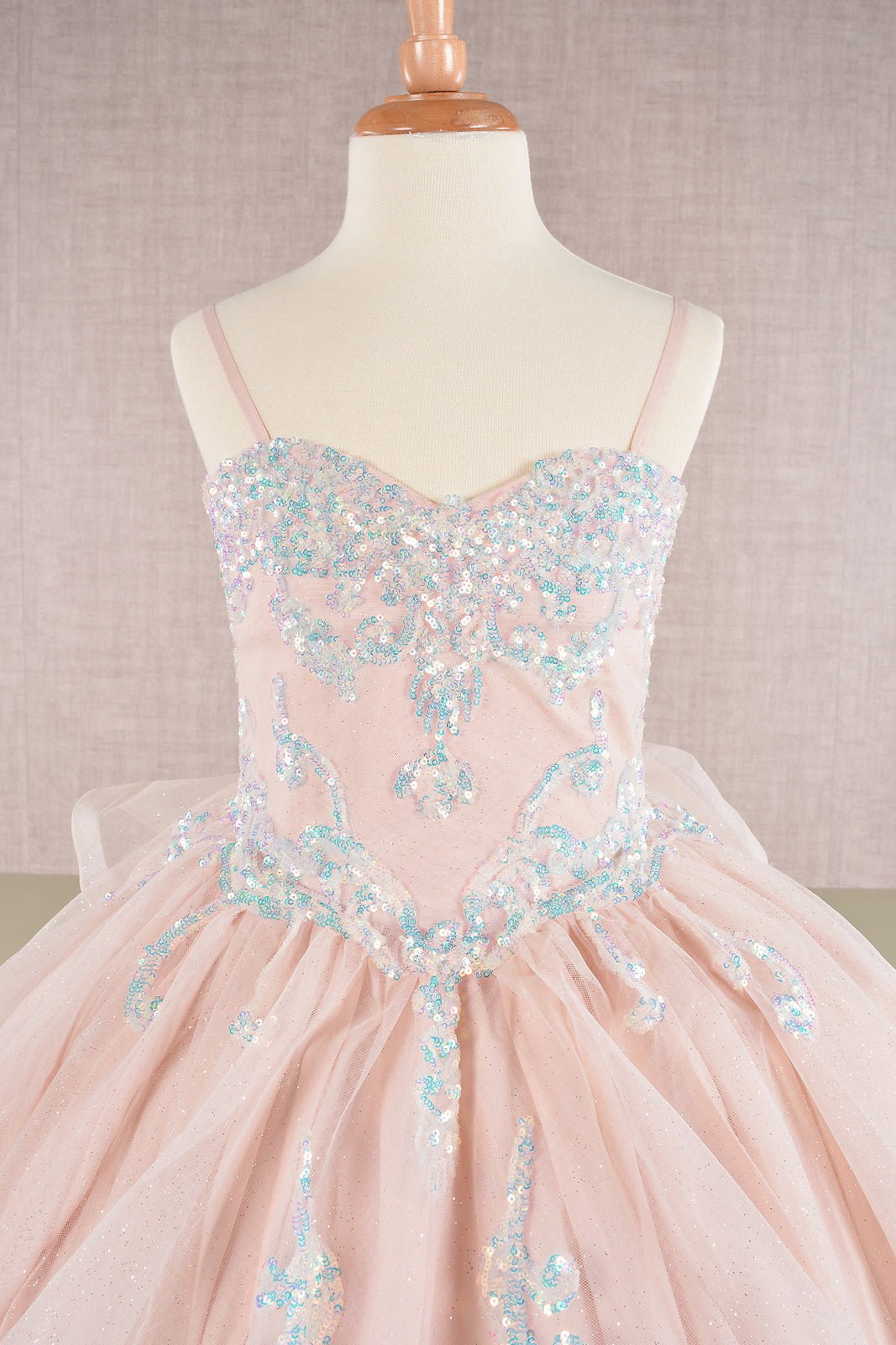 Spaghetti Strap Sequin Mesh with a Detachable Ribbon and Ruffled Back Skirt Quinceanera Kids Dress GLGK106 - PrimePick