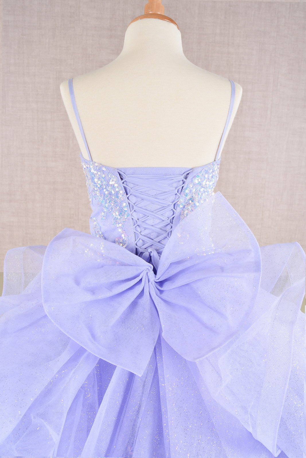 Spaghetti Strap Sequin Mesh with a Detachable Ribbon and Ruffled Back Skirt Quinceanera Kids Dress GLGK106 - PrimePick