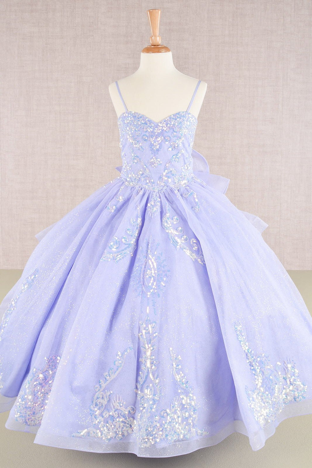 Spaghetti Strap Sequin Mesh with a Detachable Ribbon and Ruffled Back Skirt Quinceanera Kids Dress GLGK106 - PrimePick
