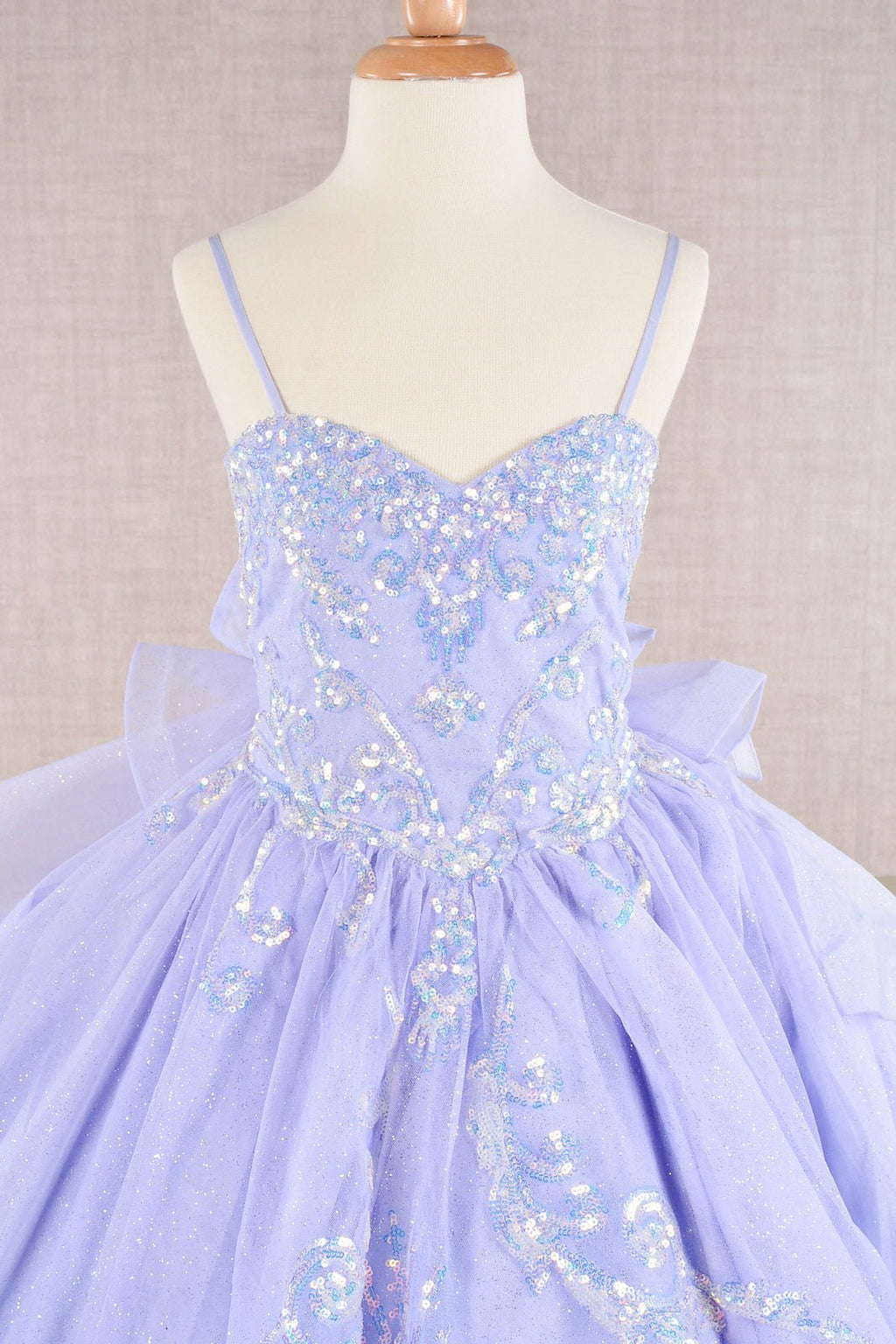 Spaghetti Strap Sequin Mesh with a Detachable Ribbon and Ruffled Back Skirt Quinceanera Kids Dress GLGK106 - PrimePick
