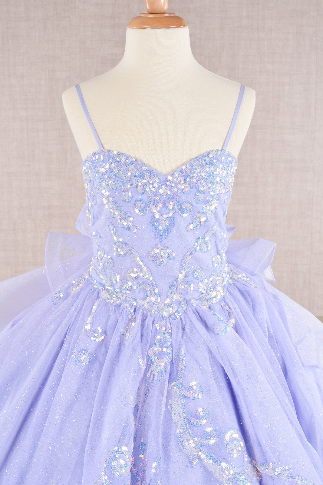 Spaghetti Strap Sequin Mesh with a Detachable Ribbon and Ruffled Back Skirt Quinceanera Kids Dress GLGK106 - PrimePick