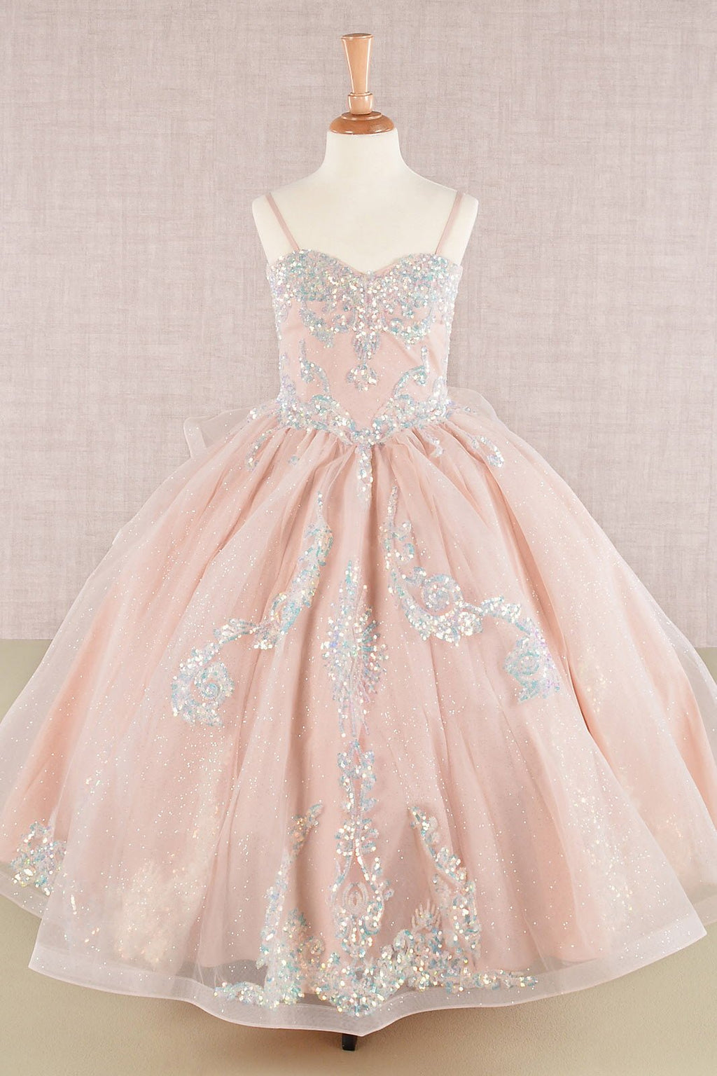 Spaghetti Strap Sequin Mesh with a Detachable Ribbon and Ruffled Back Skirt Quinceanera Kids Dress GLGK106 - PrimePick