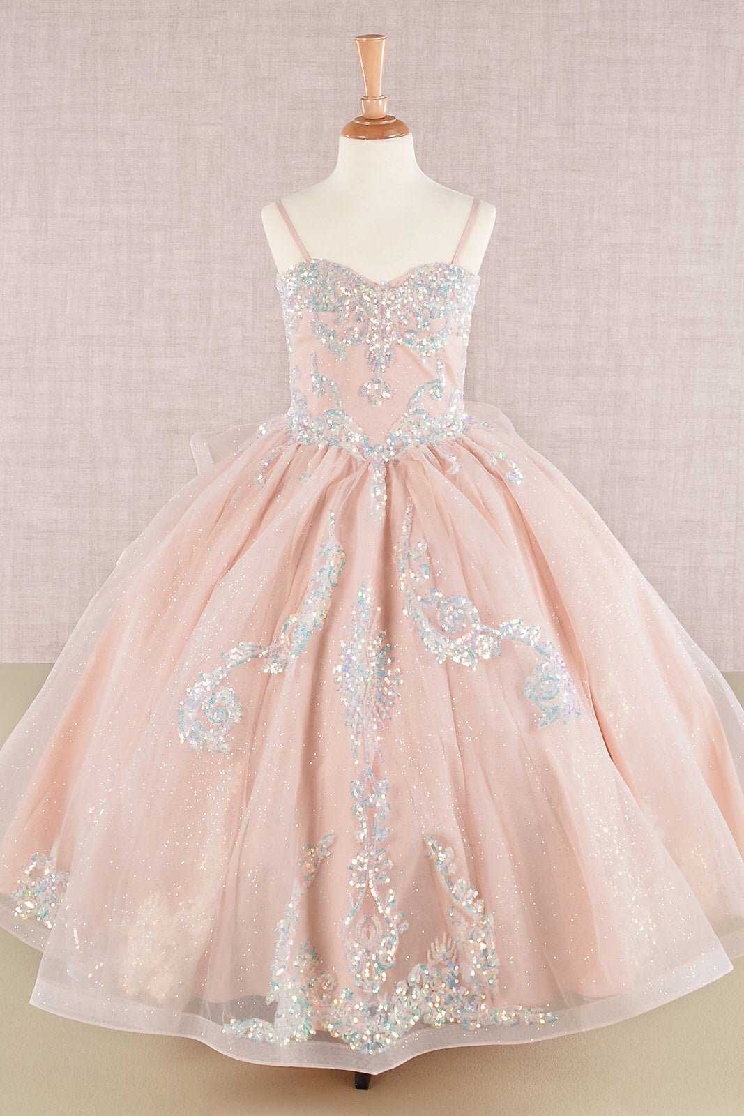 Spaghetti Strap Sequin Mesh with a Detachable Ribbon and Ruffled Back Skirt Quinceanera Kids Dress GLGK106 - PrimePick