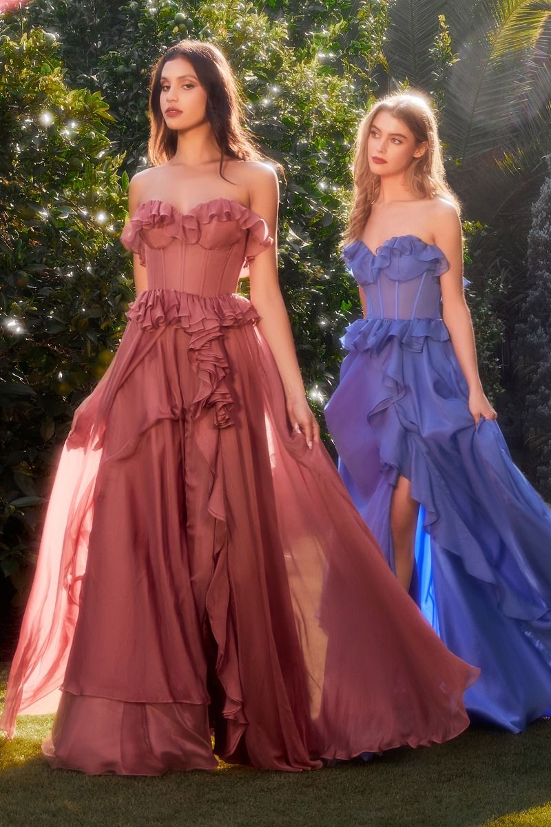 STRAPLESS CHIFFON RUFFLE A - LINE DRESS CDA1341 - PrimePick