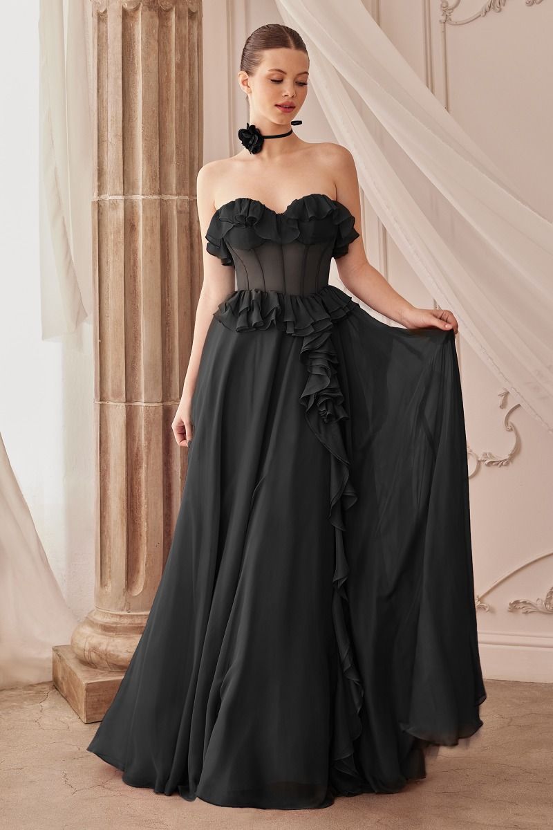 STRAPLESS CHIFFON RUFFLE A - LINE DRESS CDA1341 - PrimePick