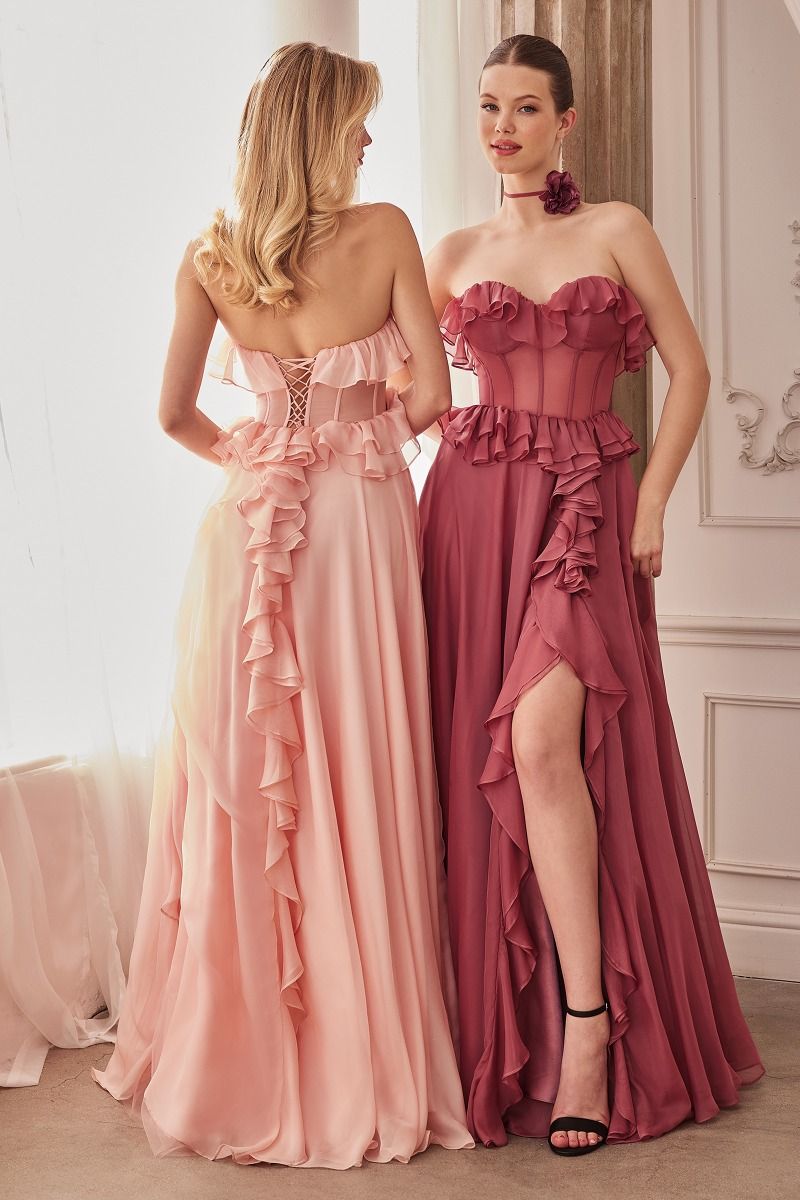 STRAPLESS CHIFFON RUFFLE A - LINE DRESS CDA1341 - PrimePick