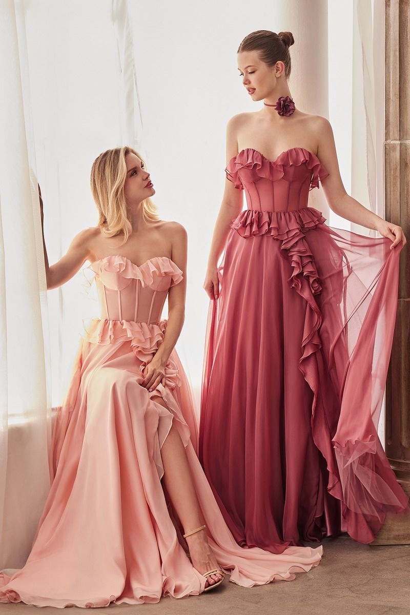 STRAPLESS CHIFFON RUFFLE A - LINE DRESS CDA1341 - PrimePick