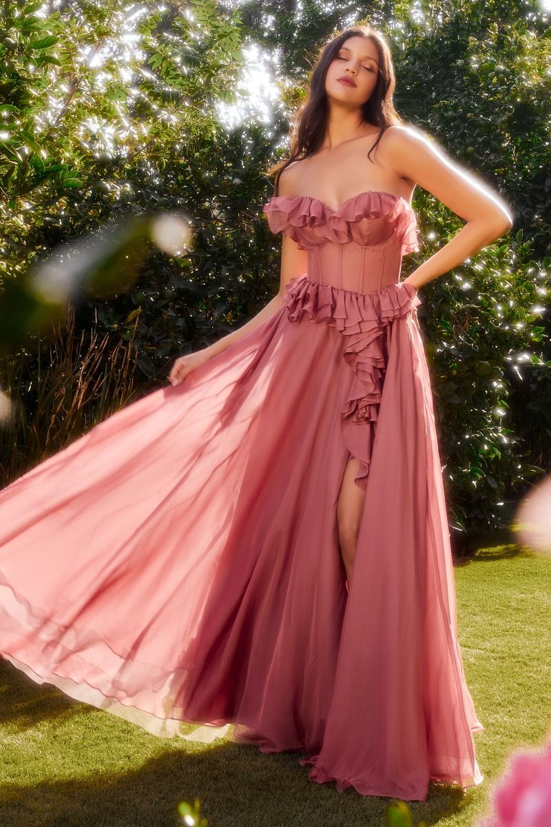 STRAPLESS CHIFFON RUFFLE A - LINE DRESS CDA1341 - PrimePick