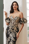 STRAPLESS GLITTER FLORAL PRINT GOWN WITH DETACHABLE PUFF SLEEVES CDJ844 - PrimePick