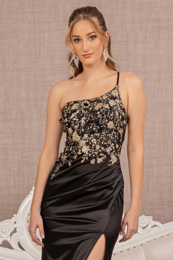 Strapless Sheer Bodice Glitter Satin Mermaid w/ Ruched Back Long Prom Dress GLGL3125 - PrimePick