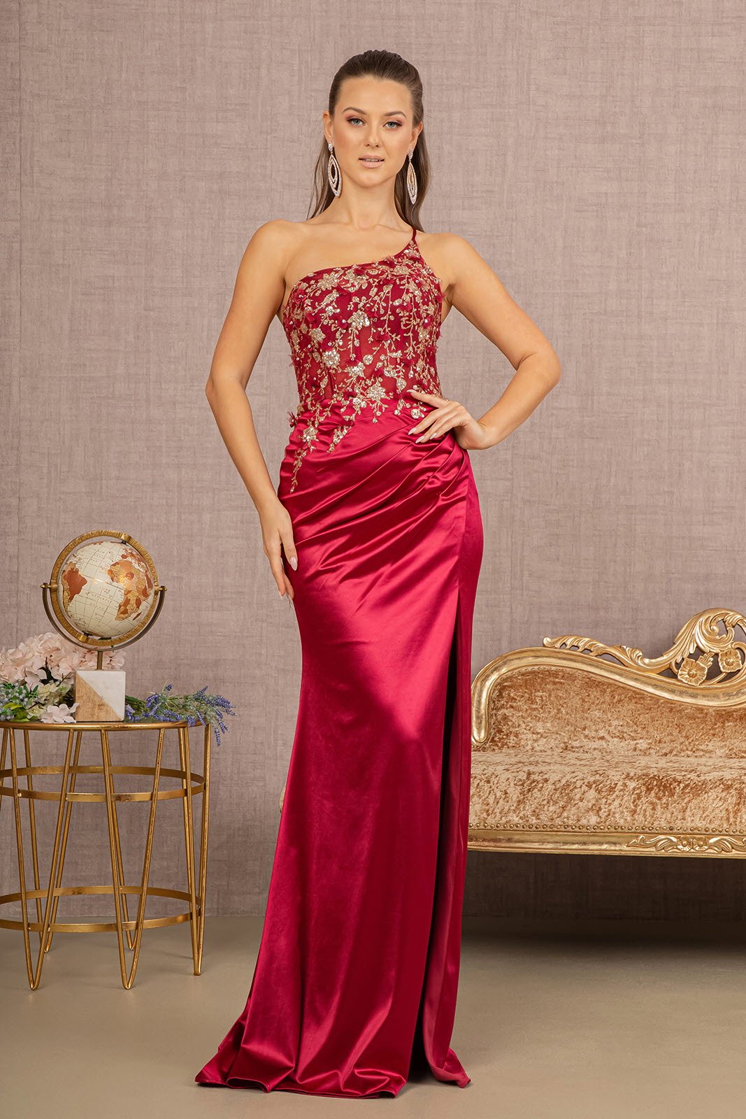 Strapless Sheer Bodice Glitter Satin Mermaid w/ Ruched Back Long Prom Dress GLGL3125 - PrimePick