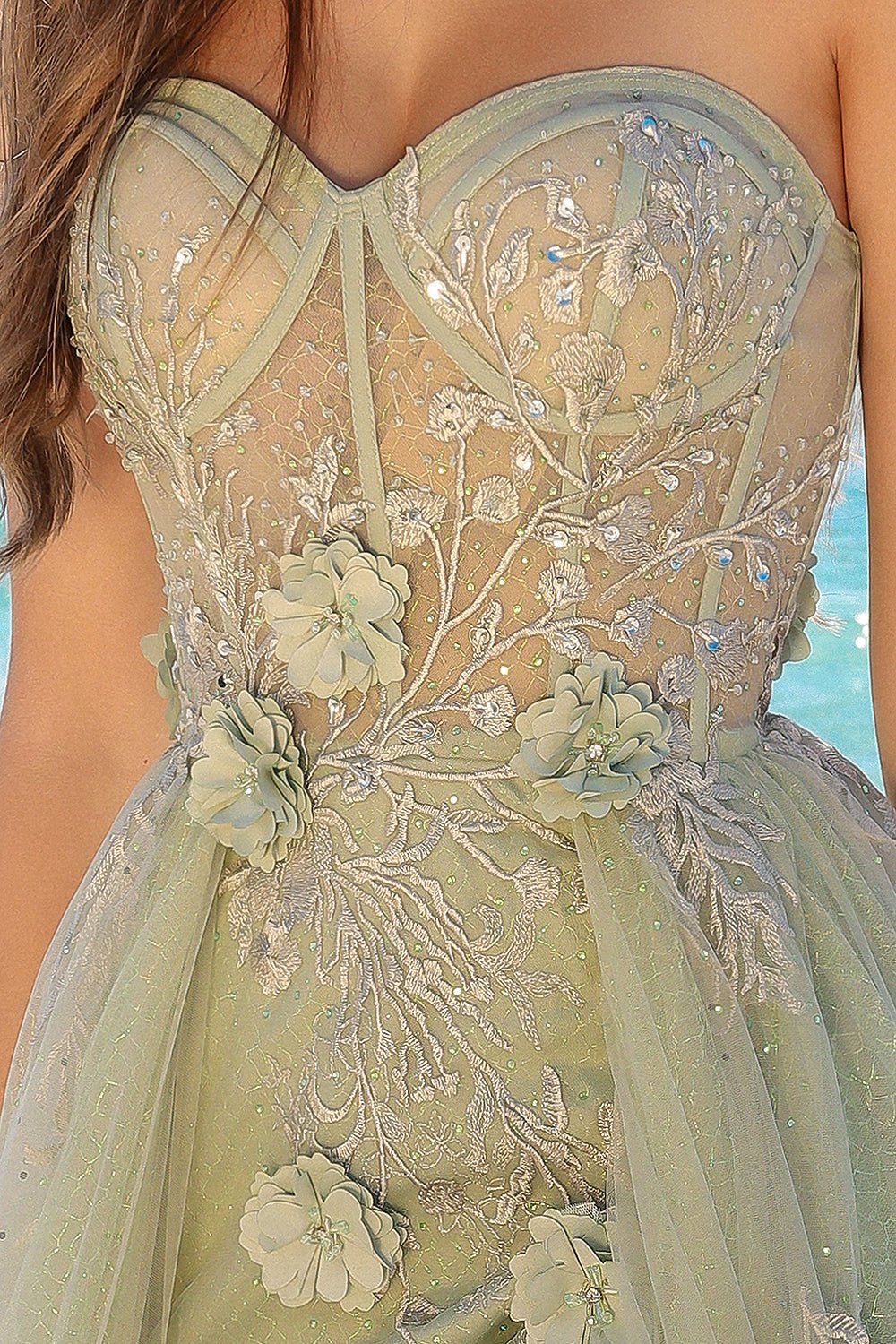 Strapless Sheer Bustier Inspired Bodice Elegant Overskirt Long Prom Dress ACTM1002 - PrimePick