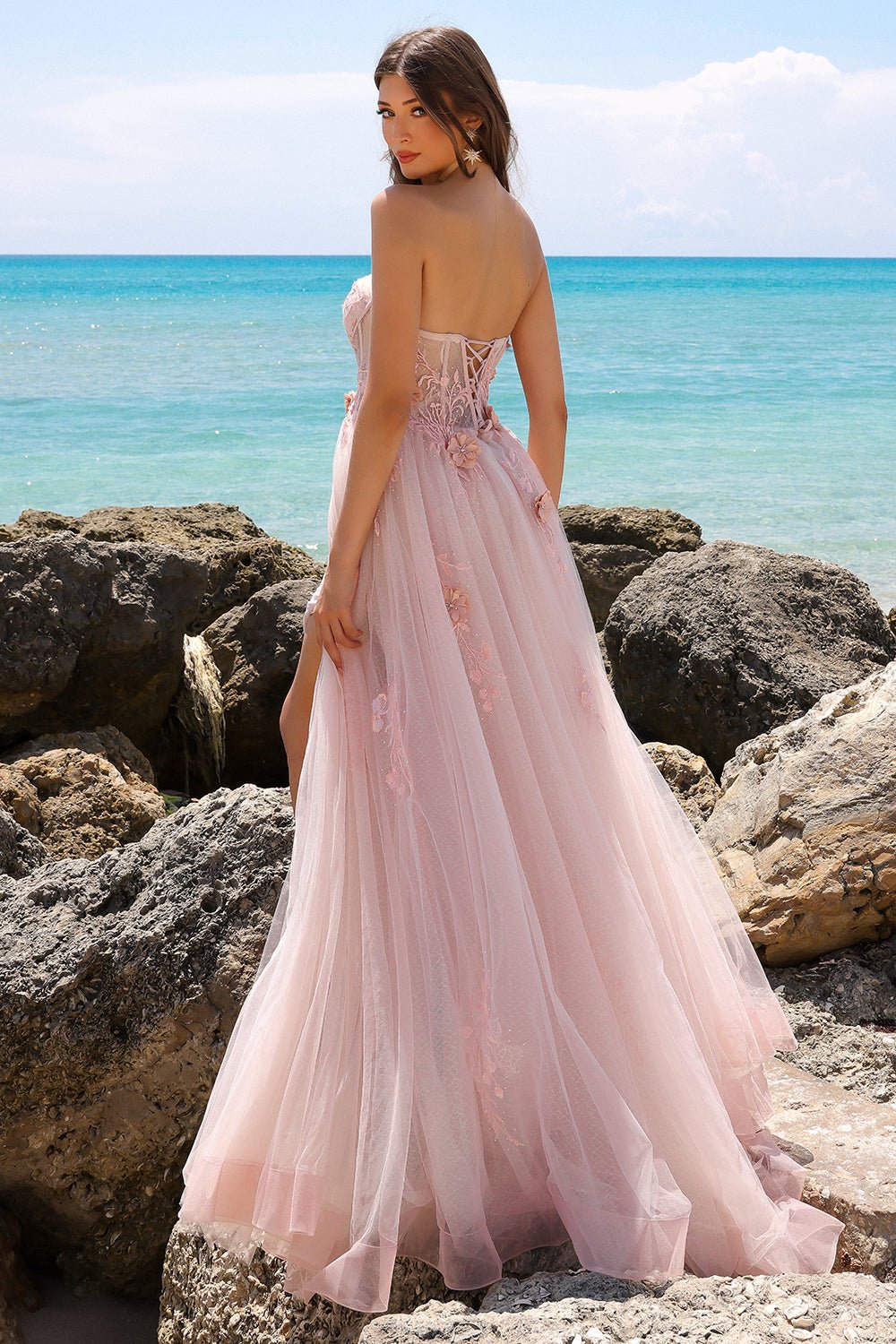 Strapless Sheer Bustier Inspired Bodice Elegant Overskirt Long Prom Dress ACTM1002 - PrimePick