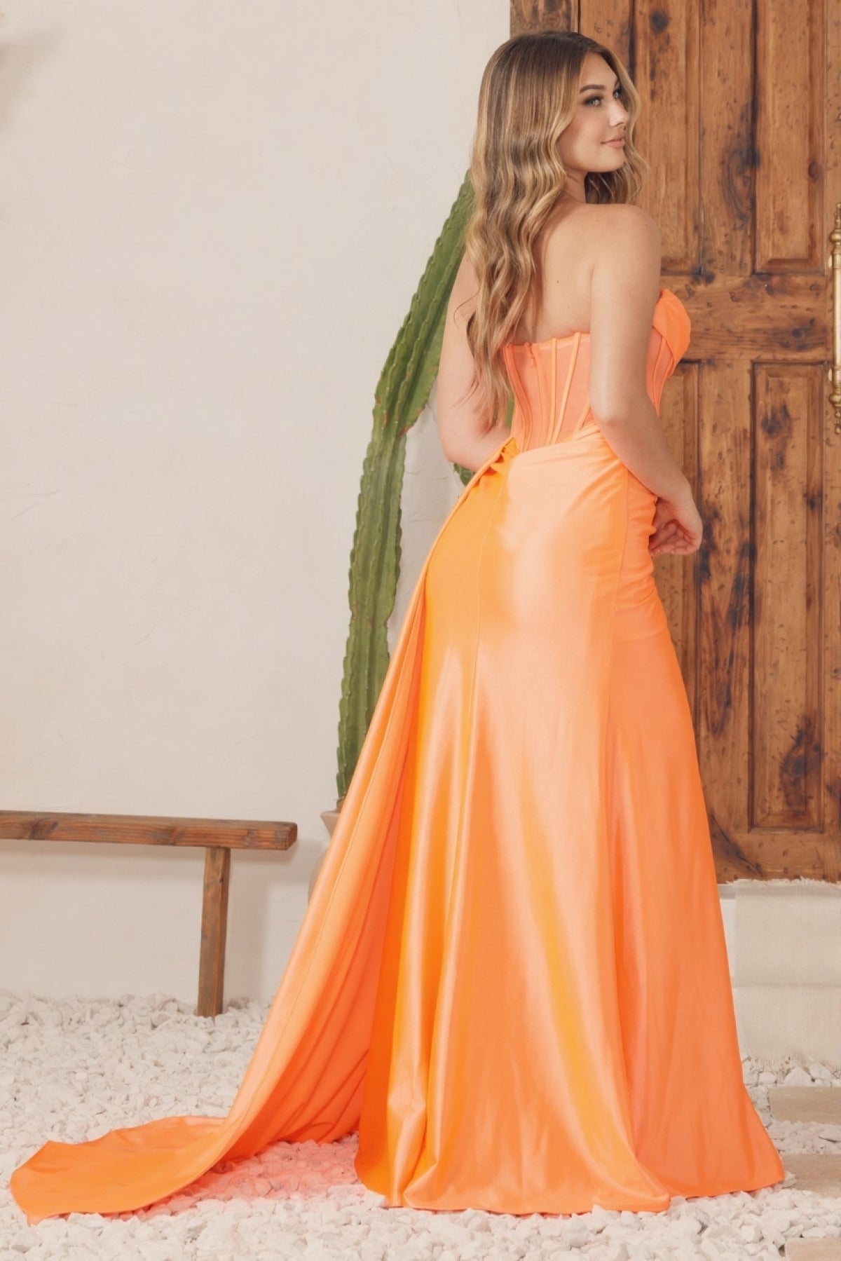 Strapless Soft Satin Sheath Graduation Gown w/ Draped Neckline & Sheer Corset Bodice NXE1237 - PrimePick
