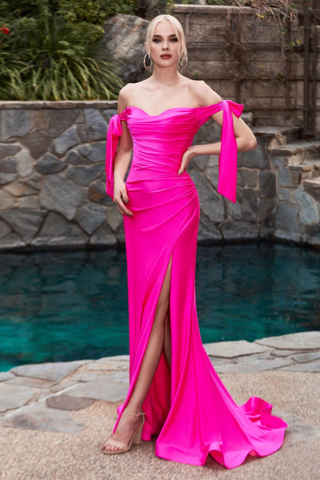 Stretch Jersey Gathered Off or On Shoulder Bodice Leg Slit Long Prom & Bridesmaid Dress CDCD943 - PrimePick