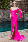 Stretch Jersey Gathered Off or On Shoulder Bodice Leg Slit Long Prom & Bridesmaid Dress CDCD943 - PrimePick