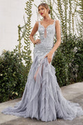 Tsarina Ruffle Deep V-neck Embroidered Backless Bodice Mermaid Long Ball & Prom Dress CDA1062 - PrimePick