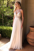 A-Line Chiffon Sheer Bodice Illusion V-Neck Long Wedding Dress CDTY11