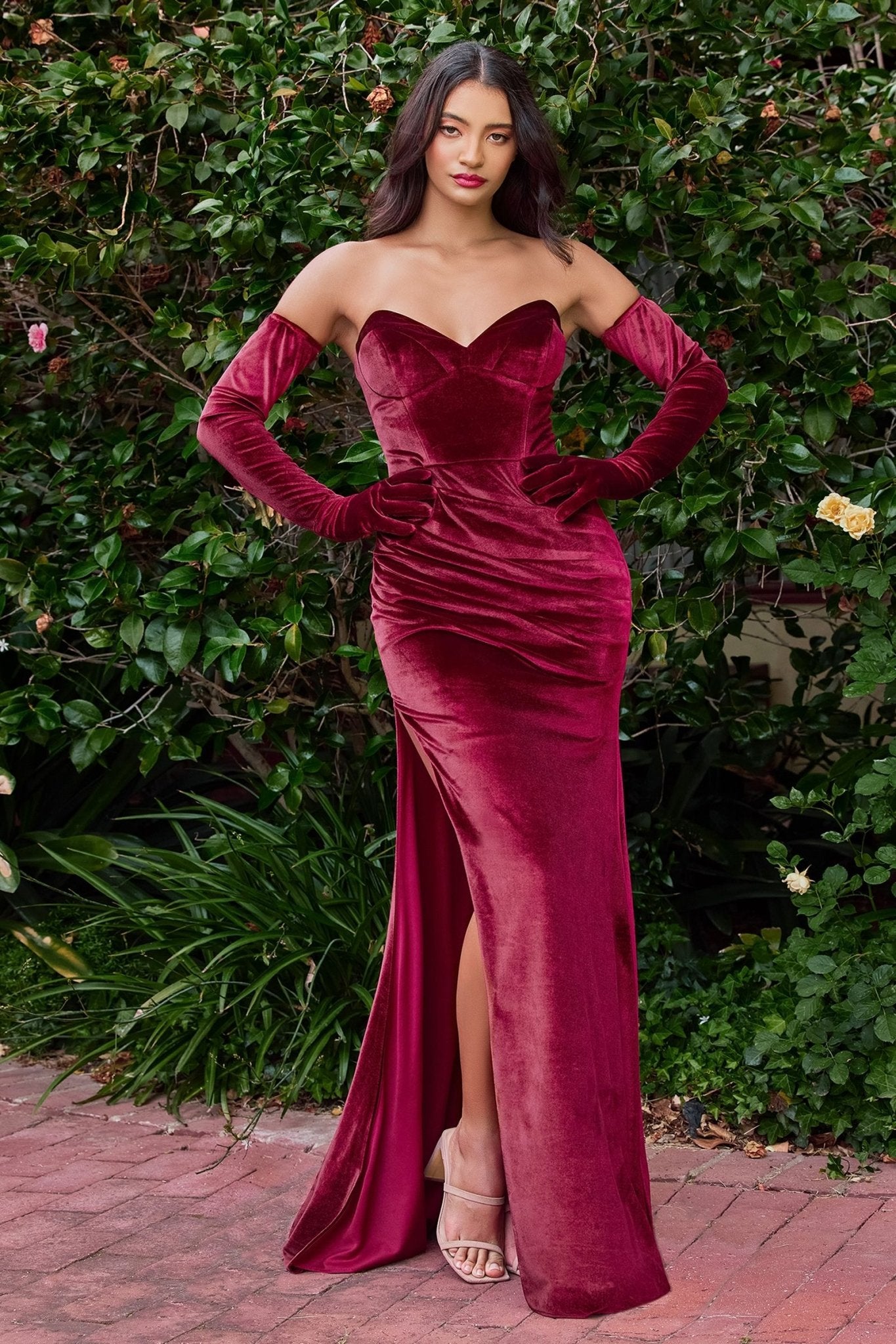 VELVET STRAPLESS FITTED GOWN WITH GLOVES CDCH176 - PrimePick