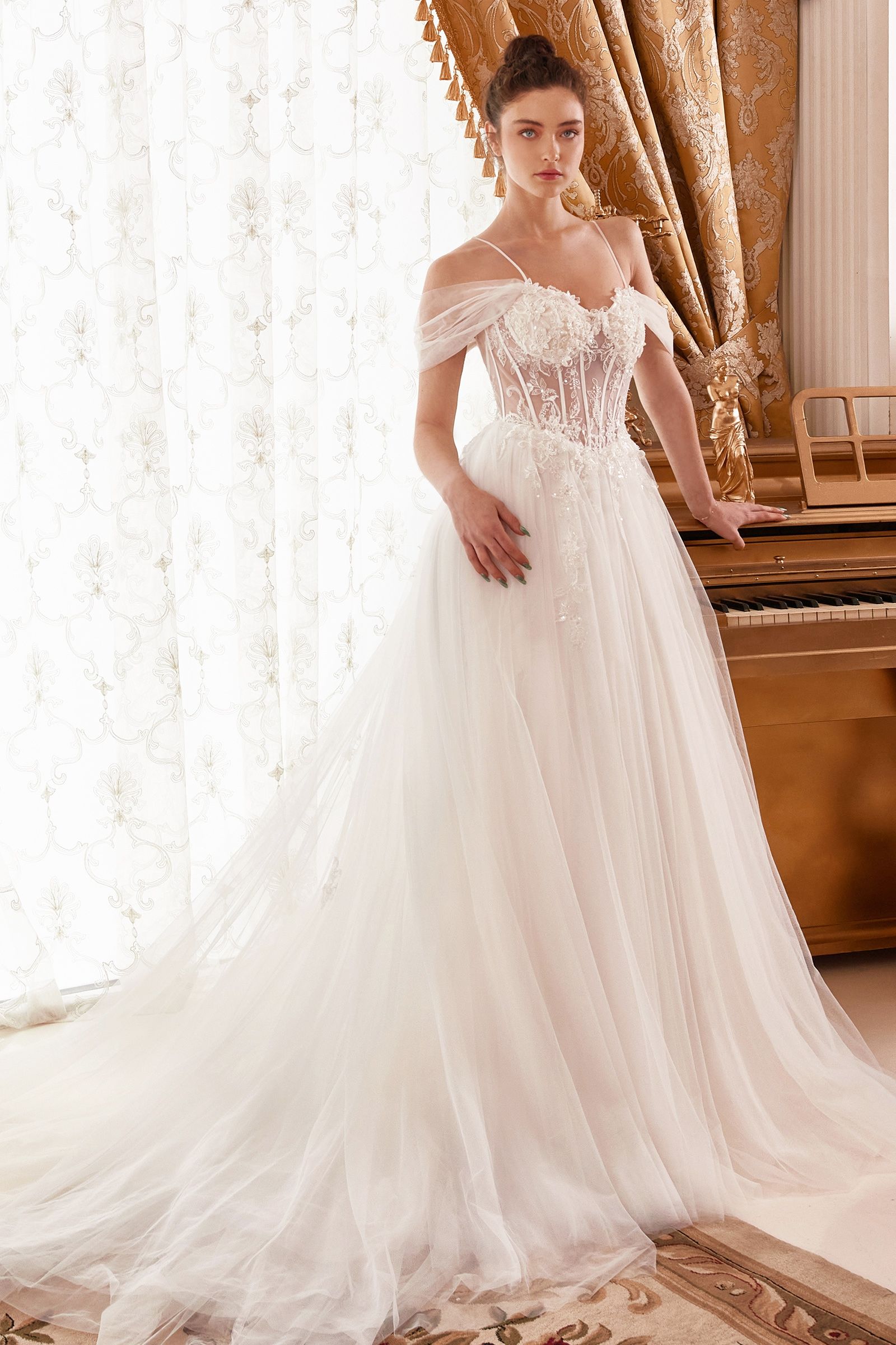 Off-Shoulder Corset Tulle Wedding Gown with Draped Sleeves and Train CDWN307