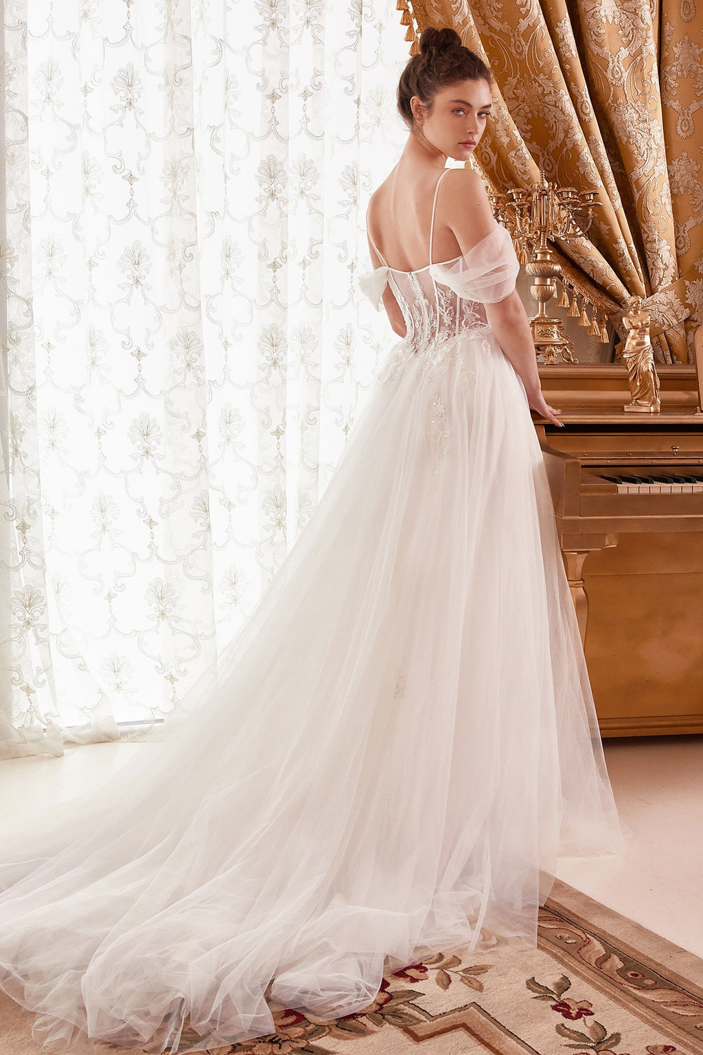Off-Shoulder Corset Tulle Wedding Gown with Draped Sleeves and Train CDWN307