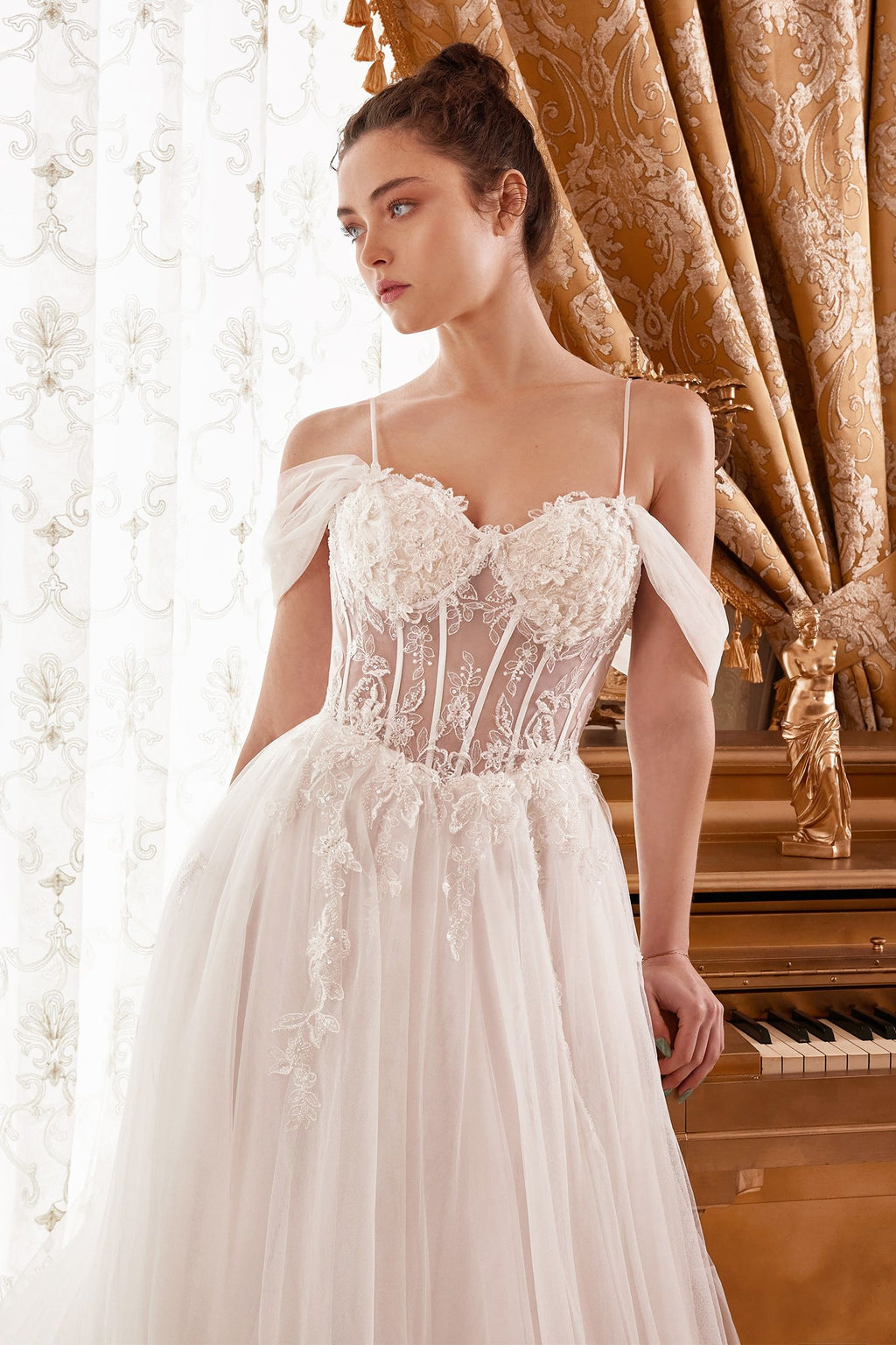Off-Shoulder Corset Tulle Wedding Gown with Draped Sleeves and Train CDWN307